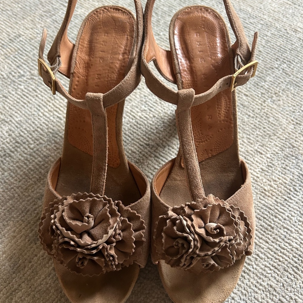 Chie Mihara Suede Open Toed Heels with Floral Detail